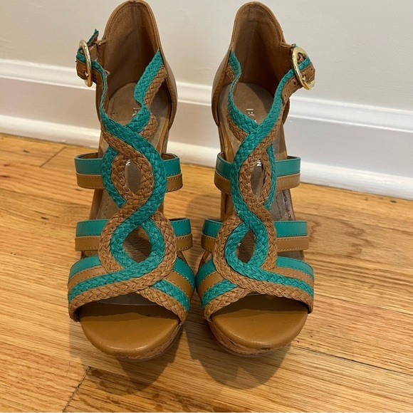 BCBGeneration Sanford Teal & Cognac Cork Platform Open Toe Sandals Size 6.5B - Picture 8 of 16